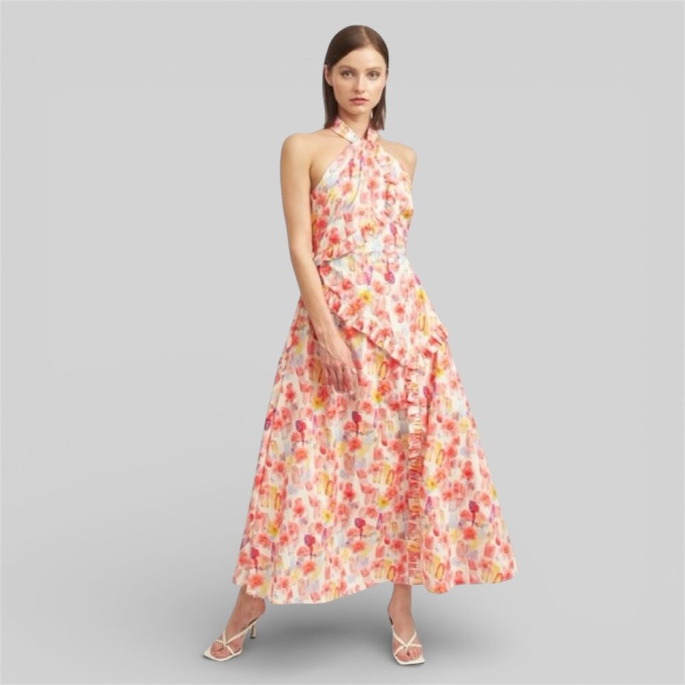 En Saison Giada Ruffled Halterneck Midi Dress in Coral